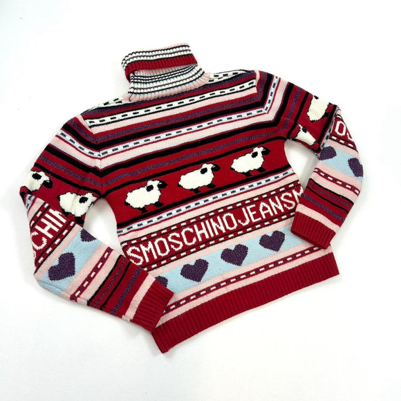 y2k Moschino red striped turtleneck sweater, sheeps, hearts - Picture 5 of 7